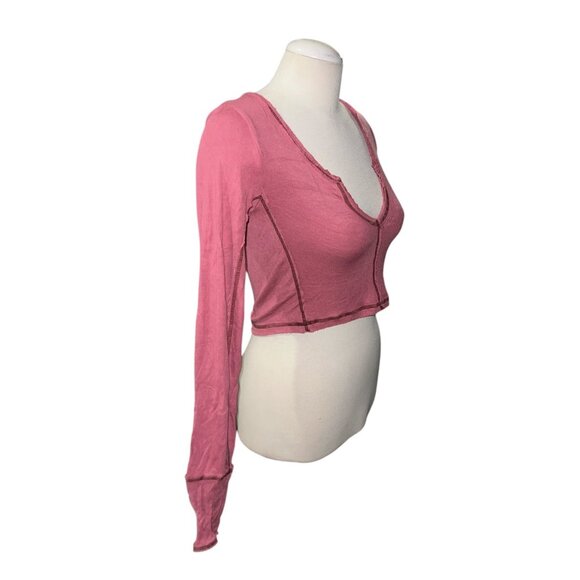 aerie Out From Under Pink Cropped Long-Sleeve Ribbed Top Size Large Lettuce Hem - Picture 7 of 8